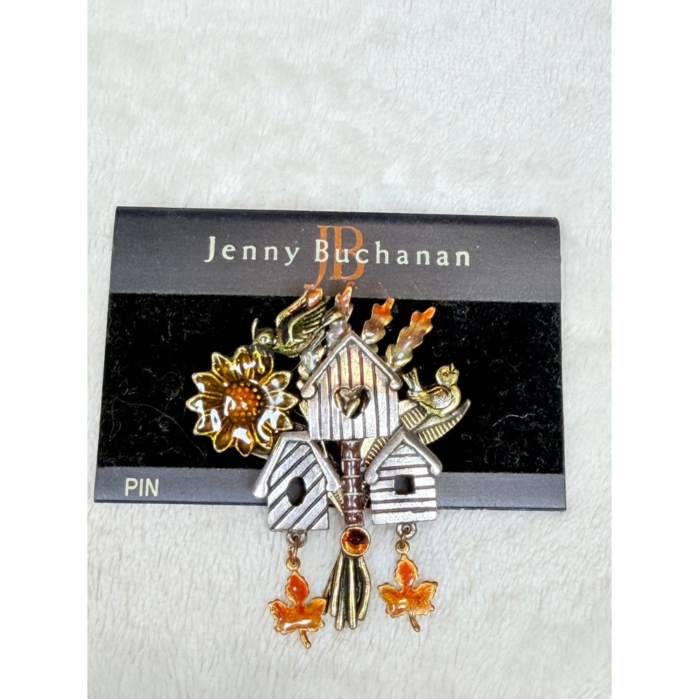 Jenny Buchanan Birdhouse Pin Brooch Fall Autumn Sunflower Bird Leaves Dangle NEW